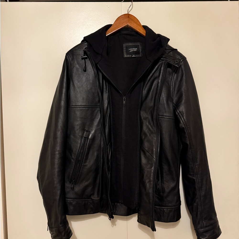 Lamarque Black Leather Jacket with Hoodie
